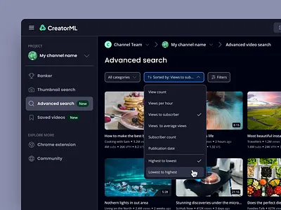 Sorting and filtering advanced search dark mode desktop app filter options filtering search search tool sort by sorting ui video search web app