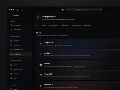 Settings - Integrations page app application clean dashboard design integration integrations integrations page settings side nav sidebar ui uiux ux web webapp