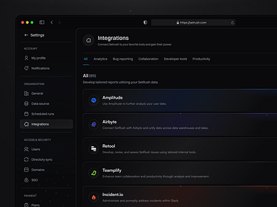 Settings - Integrations page app application clean dashboard design integration integrations integrations page settings side nav sidebar ui uiux ux web webapp