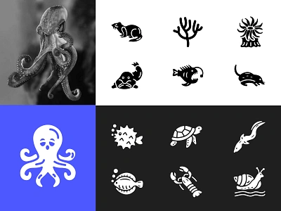 Water Animals Glyph Icons animal aquatic bird coral reef crab fish glyph icon marine life octupus sea life seagull seashell shark snail swan turtle vector water water animals