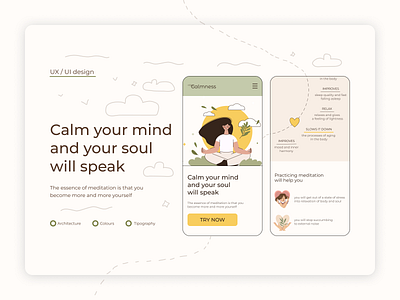 Mobile screens for the Meditation application app design design desing graphic design illustration meditation mind mindfulness ui web webdesign