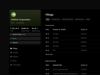Sidebar dark mode dark theme filing finance product design sidebar stocks ticker