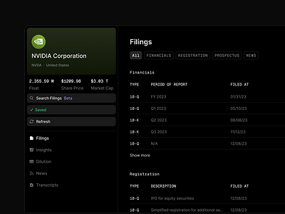 Sidebar dark mode dark theme filing finance product design sidebar stocks ticker