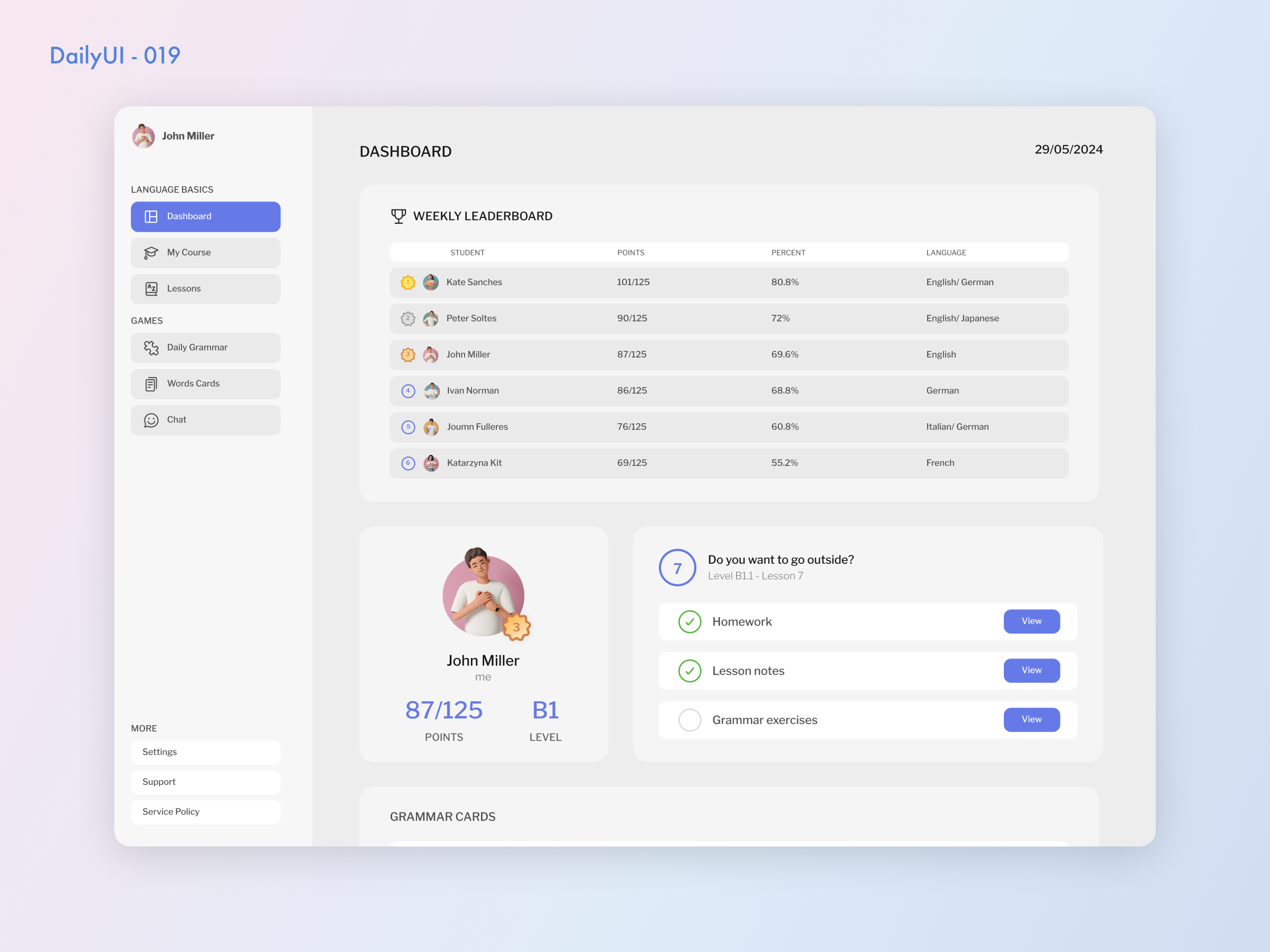 Daily UI - 019: Leaderboard 019 app application challenge dailyui dashboard language app leaderboard lesson minimalism ui uiux ux widgets