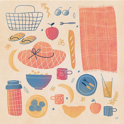 Picnic adobe illustrator basket blanket bread design flatlay food hat illustration lemonade picknic picnic