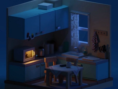 2 AM food session 3d animation b3d blender illustration isometric kitchen low poly microwave motion render