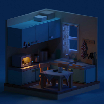 2 AM food session 3d animation b3d blender illustration isometric kitchen low poly microwave motion render