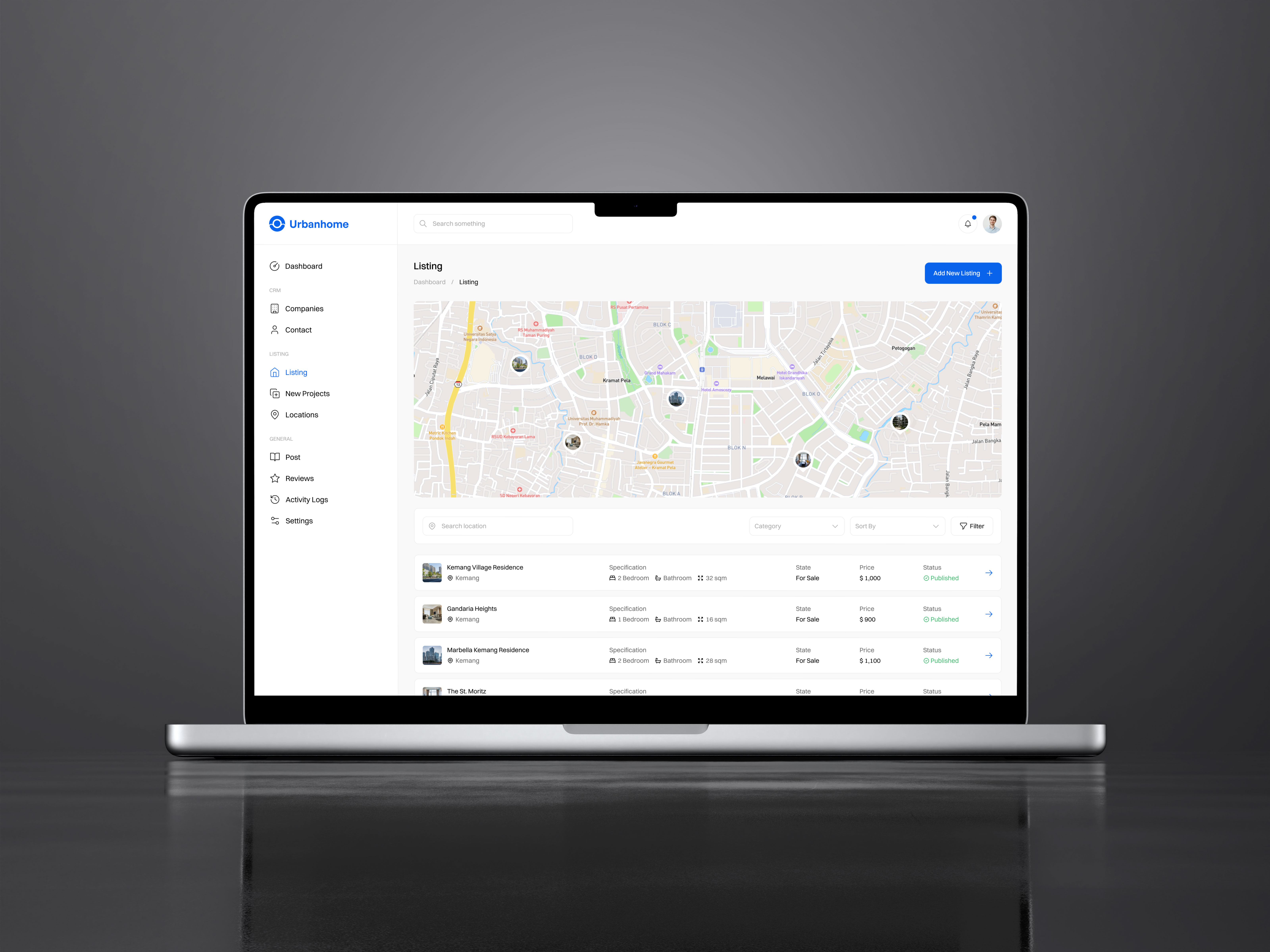 Urbanhome - Real Estate Dashboard blue clean crm dashboard map real estate ui