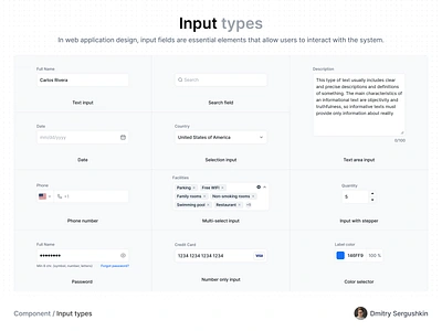 Input types color selector component component element date design system field input input types input with stepper multi select input number only input password phone number search search field selection input text area input text input ui component web application