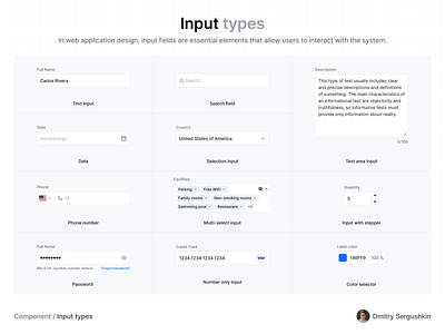 Input types color selector component component element date design system field input input types input with stepper multi select input number only input password phone number search search field selection input text area input text input ui component web application