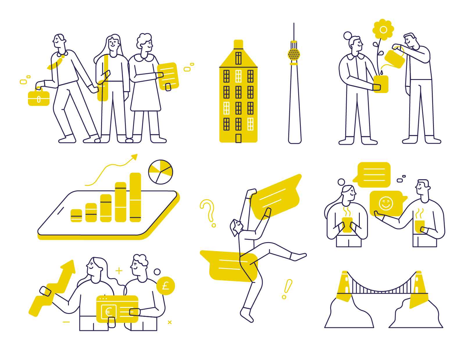 2D illustrations I Client: Fisearch black and white character character design design illustration illustration 2d line art line design minimal minimal art simple design spot colors team tech vector vector art web illustrations work yellow