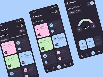 Smart Home App accent colors app application beautiful conditioner creative dark mode dark theme design device figma home logo minimal smart home ui ux