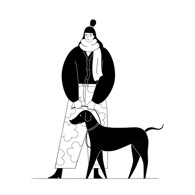 Dog walk black character design dog fashion graphic illustration outline pastel vector woman
