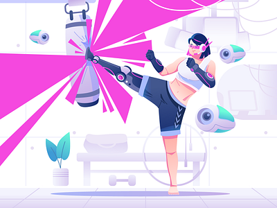 Training cyberpunk design exercise fitness flat futuristic graphic design gym illustration pink sci fi sport technology training vibrant woman workout