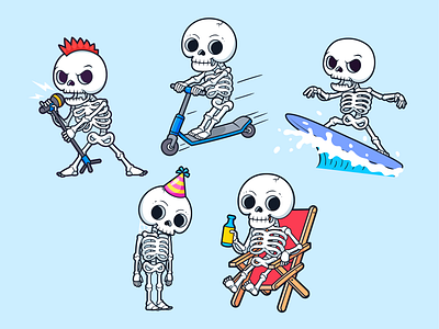 Skull Character💀 anatomy bones branding character death doodle drink flat icon illustration logo mic party people singer skeleton skull surfing vector