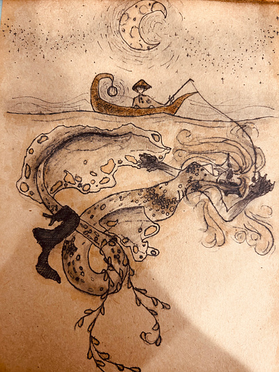 Dive art coffee staining dive fantastical ink pen sketching