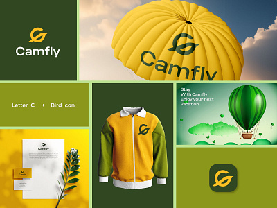 Camfly logo bird branding c logo custom logo icon identity logo logo mark parachute logo