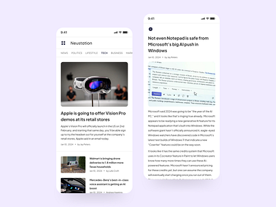 Neustation - News App 📰 app appdesign application clean design headline mobile news read simple ui ux white