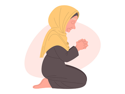 Grandmother prays on her knees in a scarf with her eyes closed cartoon christian closed eyes cute old woman devotion devout elderly faith flat style grandma hand drawn headscarf kneeling old lady praying reading prayer religion senior citizen spirituality vector illustration