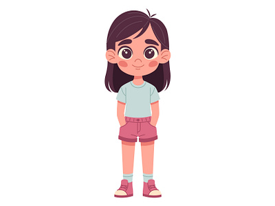 Cute girl in full length in shorts and T-shirt, hands in pockets casual wear child cute young girl flat design flat style freehand drawing full length graphic design hand drawn hands in pockets happy girl model person standing t shirt teen fashion teenager vector drawing vector illustration youth