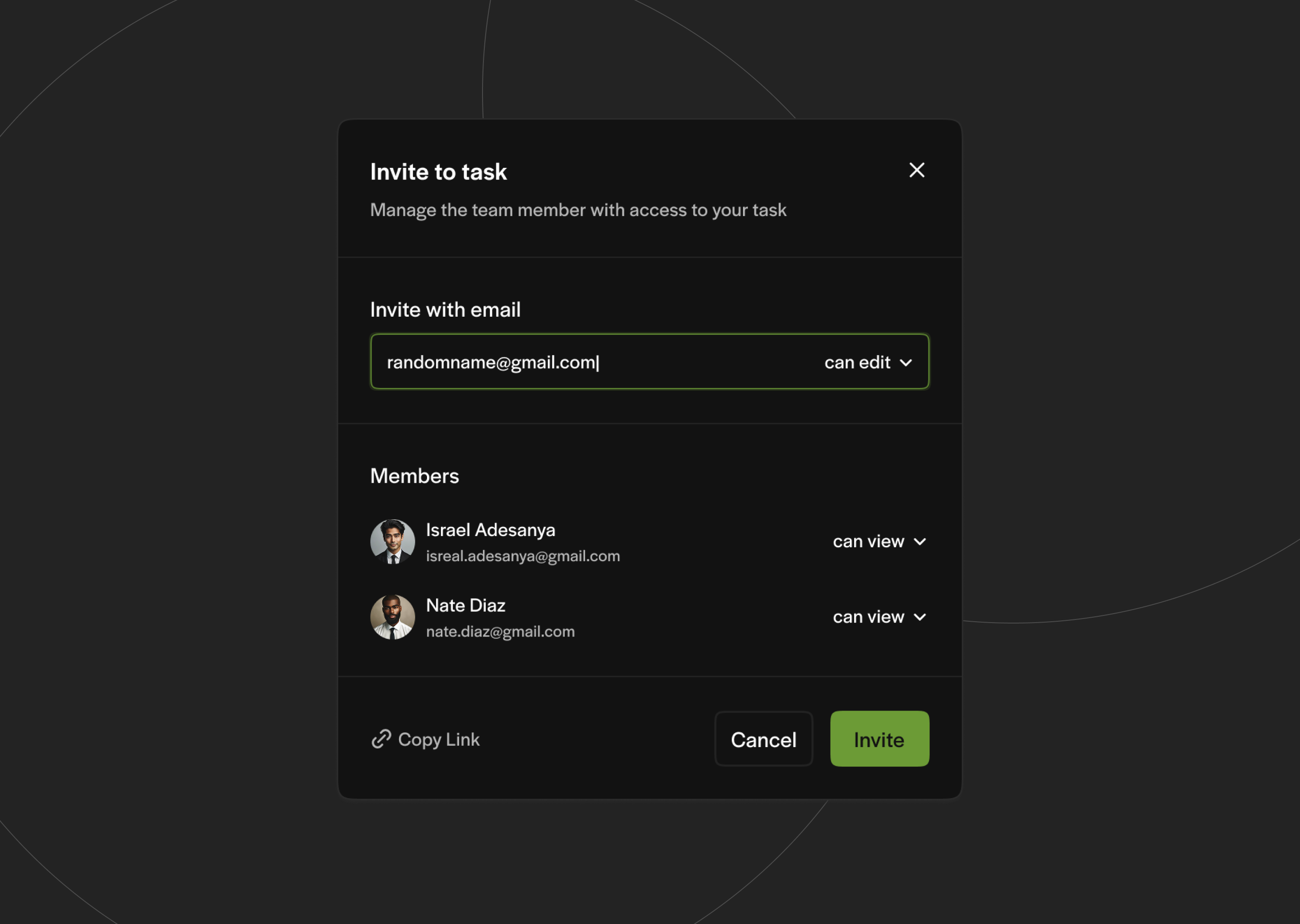 Invite to task (dark) add alert app dark email field form invitation invite member modal pop up task team teamwork ui ux web web app web design