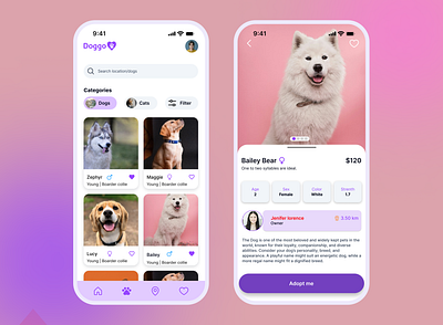Pet's finder: Mobile app design adoption process advanced search filters for pets dogs finder app design figma design intuitive design for pet search mobile app design mobile app ui design online pet adoption platform pet adoption pet adoption mobile app pet matching service pets finder mobile app product design seamless pet adoption experience ui ux mobile app user centric pet finder app
