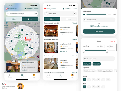 Maps & Hotel Location Tracker Mobile App UX/UI Design 3d animation app appdesign art branding design filters graphic design hotel illustration location logo maps mobileapp motion graphics search sort ui ux