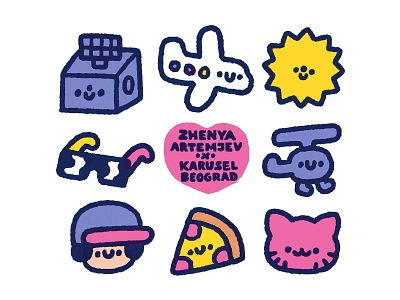 Zhenya Artemjev x Karusel Beograd boy cat cute design doodle flat fun graphic design icons illustration japanese kawaii kawaii icons logo man pizza robot summer icons sun sunglasses