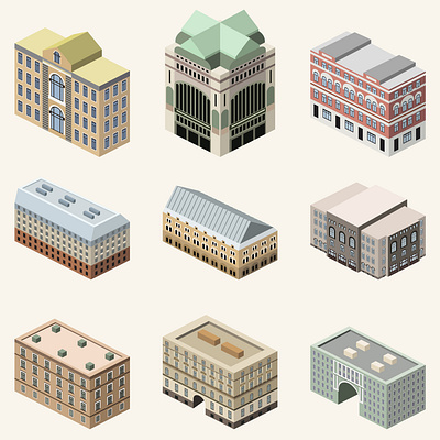 Set of vector isometric buildings 3d architecture building city cityscape flat style graphic design hpuse illustration isometric rooftop set skyline town urban vector