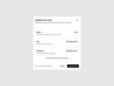 Plan modal buttons close button cta design exploration figma free monthly plan payment secured by stripe payment ssl secure plan modal pricing modal product design select select your plan terms and conditions ui upgrade plan ux web web design