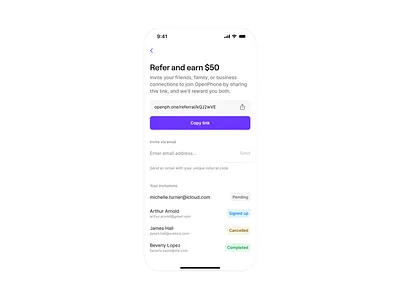 Referrals android app bonus clean coupons earn input ios list minimal mobile product design saas app sharing simple status table ui ux web app