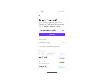 Referrals android app bonus clean coupons earn input ios list minimal mobile product design saas app sharing simple status table ui ux web app