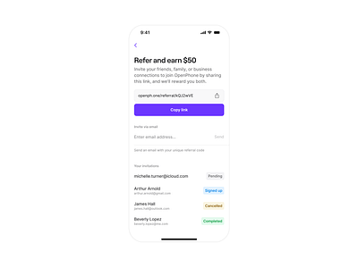 Referrals android app bonus clean coupons earn input ios list minimal mobile product design saas app sharing simple status table ui ux web app
