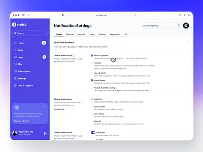 slothUI - World's Laziest Design System - Notification Settings checklist ui clean dashboard design design system gradient modern notification setting notification settings purple radio ui setting setting dashboard setting ui settings settings dashboard settings ui slothui toggle ui ui design ui kit