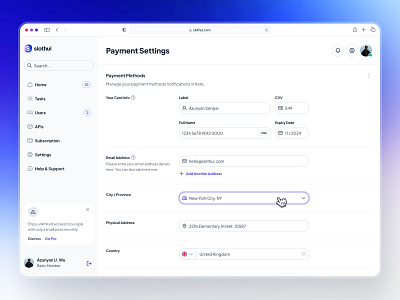 slothUI - World's Laziest Design System - Settings Dashboard UI clean dashboard design dashboard ui design system gradient minimal modern payment input payment settings purple setting dashboard setting ui settings dashboard settings page settings ui slothui soft text input ui ui design ui kit