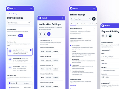 slothUI - World's Laziest Design System - Settings Mobile UIUX billing settings clean ui design system figma design system gradient ui ios app mobile app modern ui notification settings payment settings profile settings purple setting setting ui settings settings ui slothui soft ui ui design ui kit