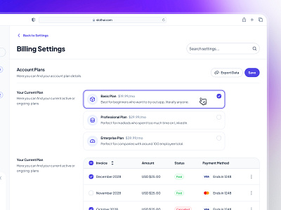 slothUI - World's Laziest Design System - Billing Settings UIUX billing settings clean ui dashboard design dashboard ui design system figma design system gradient ui minimal ui modern ui payment settings profile settings purple setting setting dashboard setting ui settings settings dashboard settings ui ui design ui kit