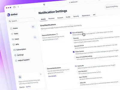 slothUI - World's Laziest Design System - Notification Settings clean dashboard dashboard design dashboard ui design system figma design system figma ui kit gradient ui minimal dashboard modern notification settings purple setting setting ui settings settings dashboard settings ui soft ui design ui kit