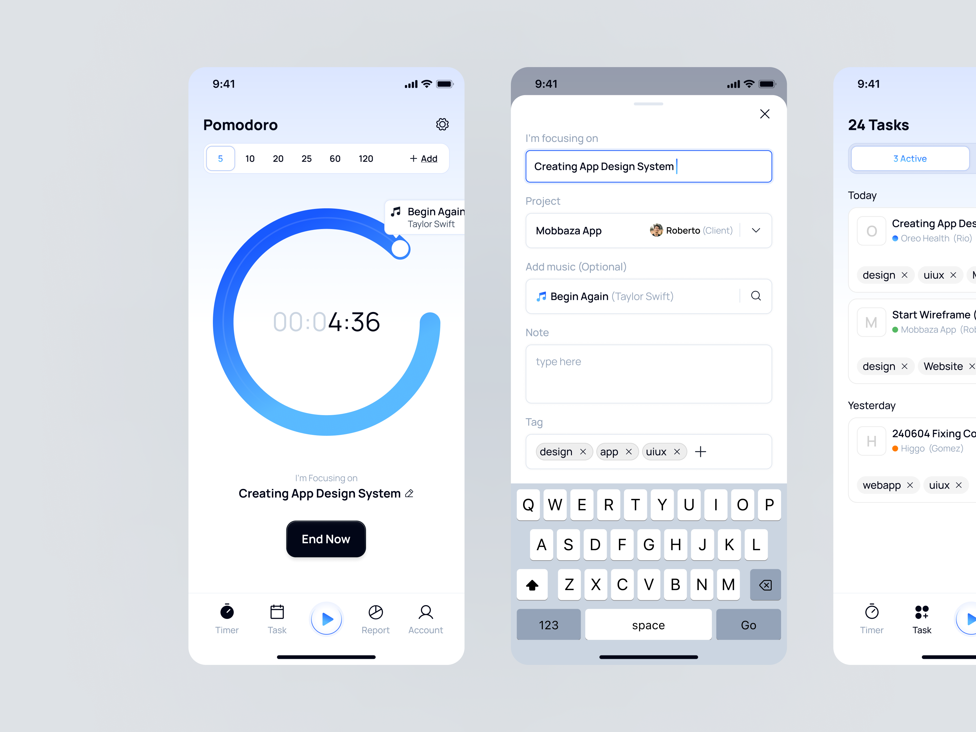 Time Tracker App → Focus Timer app create form mobile pomodoro product project task time timer tracker
