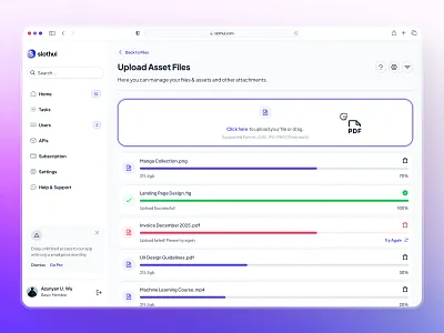 slothUI - World's Laziest Design System - File Upload UIUX clean dashboard design dashboard ui design system file dropzone ui file management file management dashboard file management ui file upload file upload dashboard file upload ui gradient minimal modern purple slothui soft ui design ui kit upload file ui