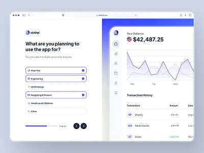 slothUI - World's Laziest Design System - Onboarding Screen UIUX app design chart ui dashboard design design system figma ui kit minimal onboarding onboarding app onboarding card onboarding card ui onboarding design onboarding flow onboarding screen onboarding ui purple slothui table ui ui design ui kit web design