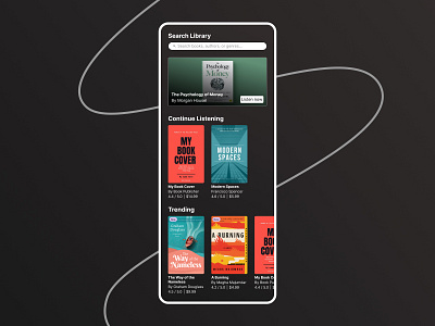 Mobile Book Library app design book app book library dark mode dark theme design library search listening app mobile design mobile ui modern design search ui trending books ui uiux ux