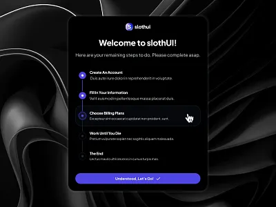 slothUI - World's Laziest Design System - Onboarding Step Popup clean dark mode design system dialog ui interface design minimal ui modal ui modern onboarding onboarding popup onboarding step onboarding ui popup design popup ui progress bar ui progress ui soft ui step ui ui design ui kit