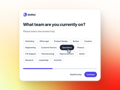 slothUI - World's Laziest Design System - Onboarding Popup UIUX button ui clean design system dialog ui minimal modal ui onboarding onboarding flow onboarding modal onboarding popup onboarding ui orange popup popup ui progress ui slothui soft tag ui ui design ui kit