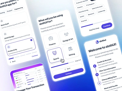 slothUI - World's Laziest Design System - Mobile Onboarding UIUX blue clean design system gradient input ui ios app minimal mobile app mobile onboarding mobile ui modern onboarding onboarding flow onboarding interface onboarding ui popup ui purple slothui ui design ui kit