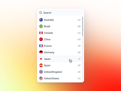 slothUI - World's Laziest Design System - Country Dropdown UI clean country ui design system drop down drop down ui dropdown dropdown input dropdown ui flag ui gradient hover ui input ui interface design minimal modern orange slothui soft ui design ui kit