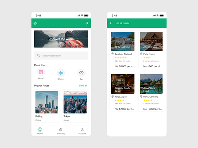 Landing and Listing Page (Travel App) bus booking page destination list detail page flight booking landing page notification travel app ui