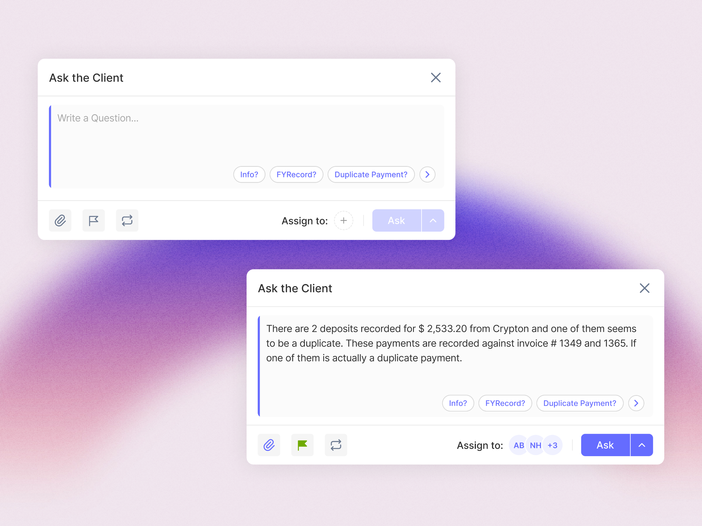 Ask Question to the Client :: Question/Client Portal accountant accounting aesthetic design branding design product design saas product