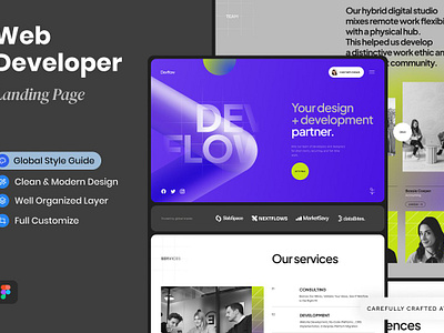 Deflow - Web Developer Landing Page developer developer landing page figma landing page template product landing saas landing sketch startup landing page ui kit web developer website design website template