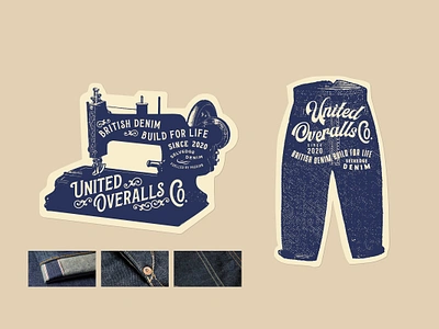 Stickers Design for United Overalls Co. denim design identity illustration jeans lettering logo retro selvedge sewing machine sticker typeface typography vintage